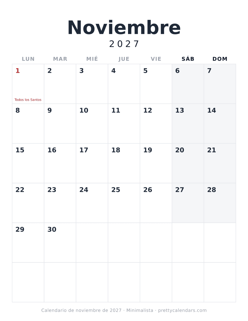 Calendario de Noviembre 2027 para imprimir con las fechas y los festivos ya puestos, estilo Minimalista