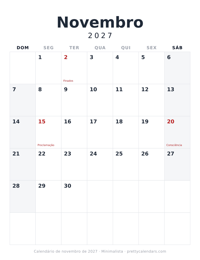 Calendário de Novembro de 2027 para imprimir com mês seguinte, estilo Minimalista