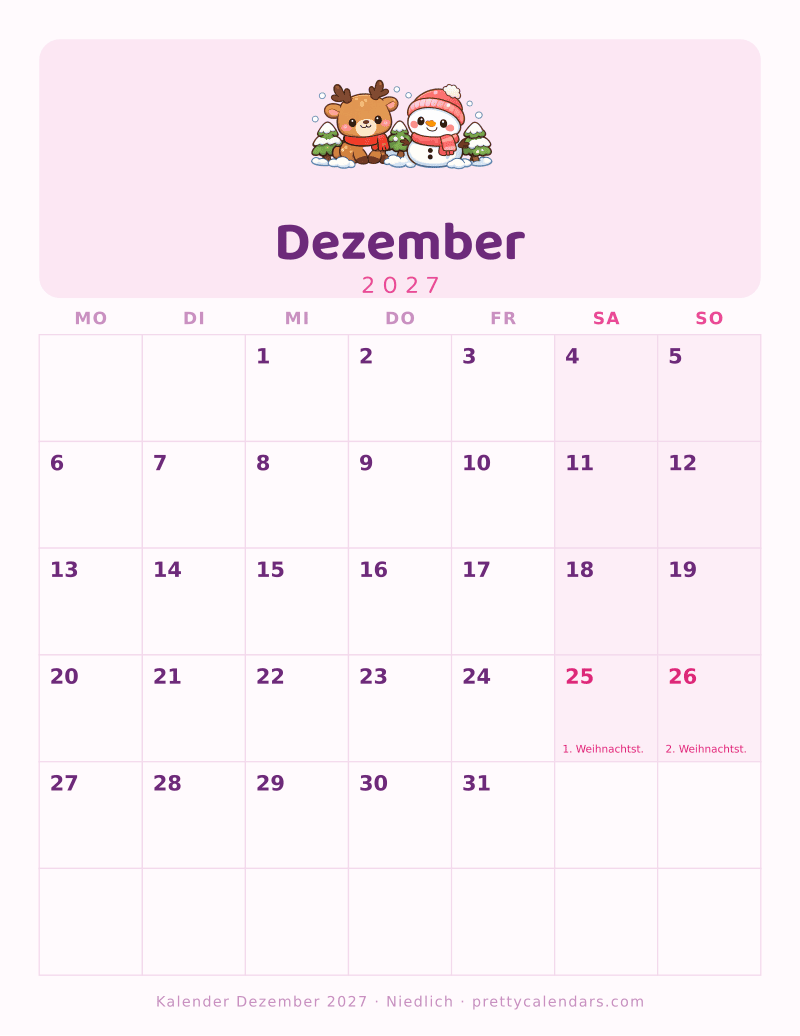 Druckbarer Kalender Dezember 2027 mit nächstem Monat, Design Niedlich