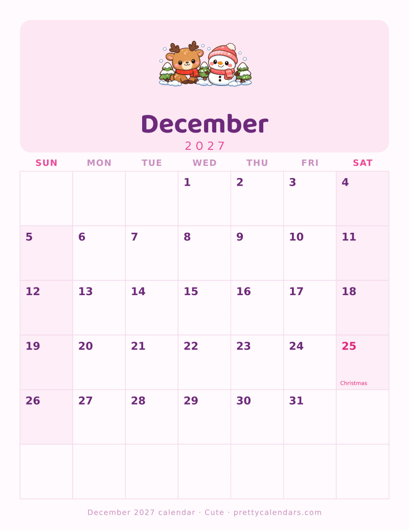 Printable December 2027 calendar with the dates and holidays already filled in, Cute style