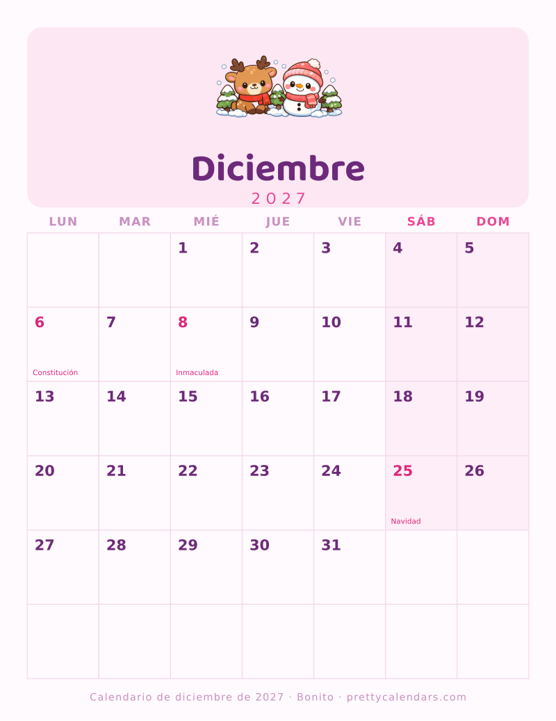 Calendario de Diciembre 2027 para imprimir con las fechas y los festivos ya puestos, estilo Bonito