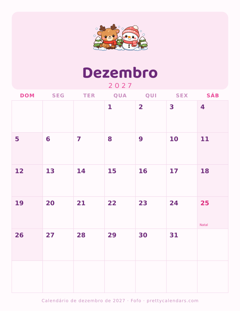Calendário de Dezembro de 2027 para imprimir com mês seguinte, estilo Fofo