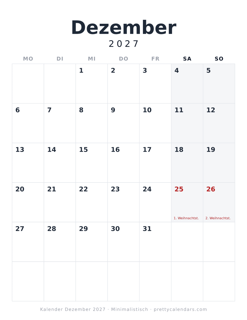 Druckbarer Kalender Dezember 2027 mit nächstem Monat, Design Minimalistisch