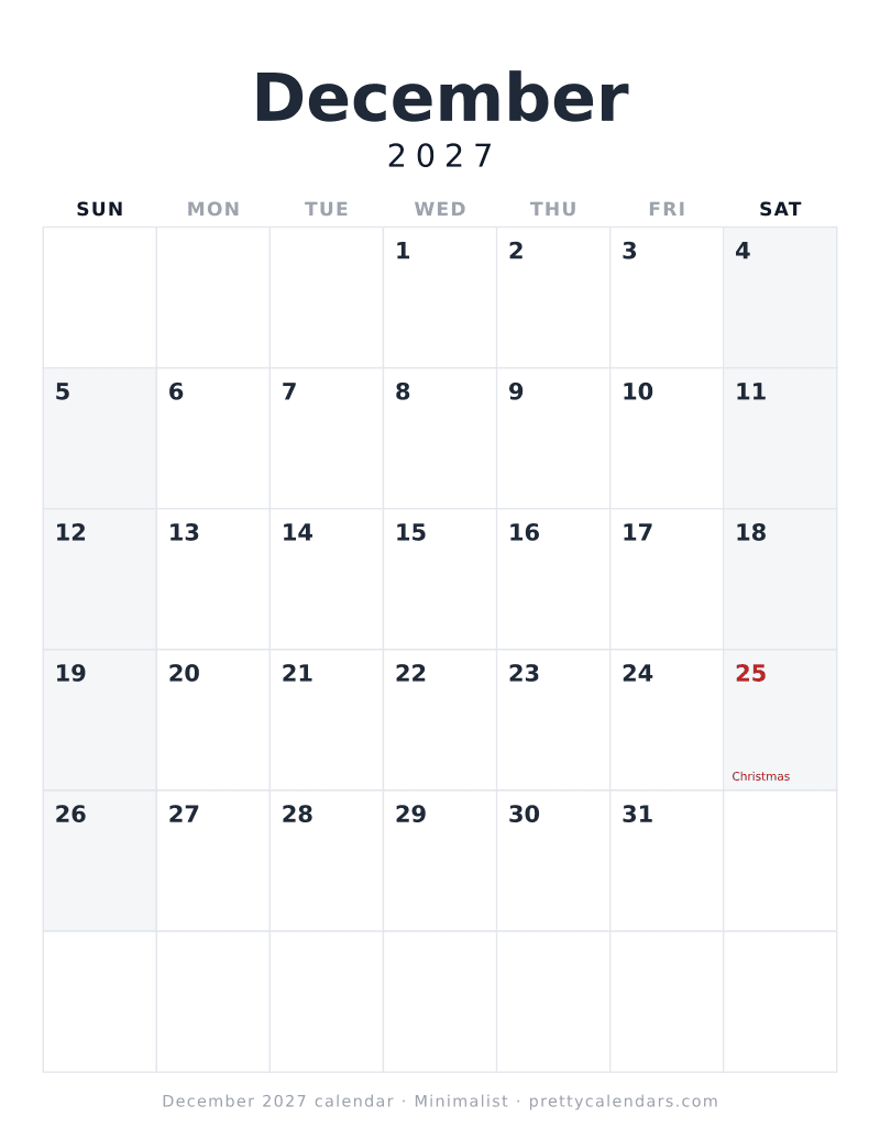 Printable December 2027 calendar with the dates and holidays already filled in, Minimalist style