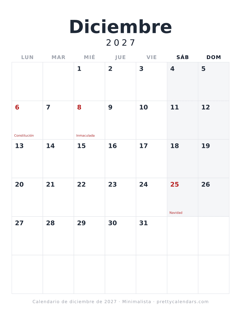 Calendario de Diciembre 2027 para imprimir con las fechas y los festivos ya puestos, estilo Minimalista
