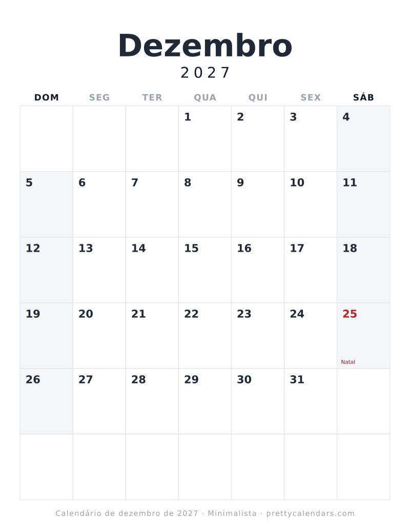 Calendário de Dezembro de 2027 para imprimir com mês seguinte, estilo Minimalista