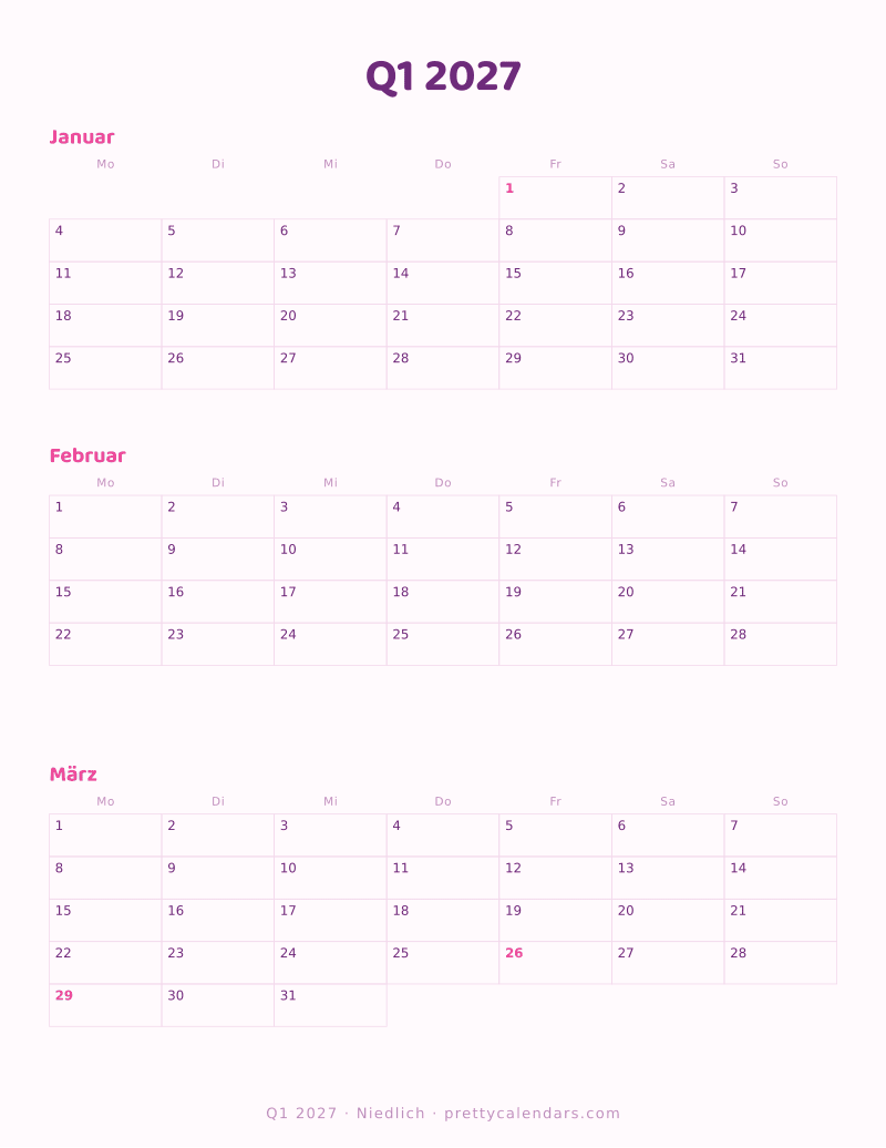 Druckbarer Dreimonatskalender Q1 2027, Design Niedlich