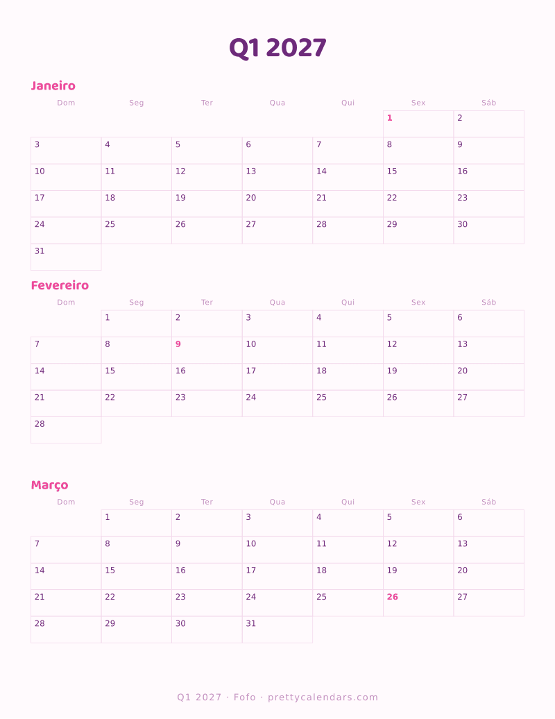 Calendário de três meses Q1 2027 para imprimir, estilo Fofo