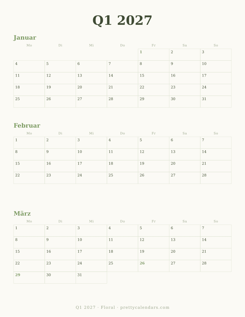 Druckbarer Dreimonatskalender Q1 2027, Design Floral