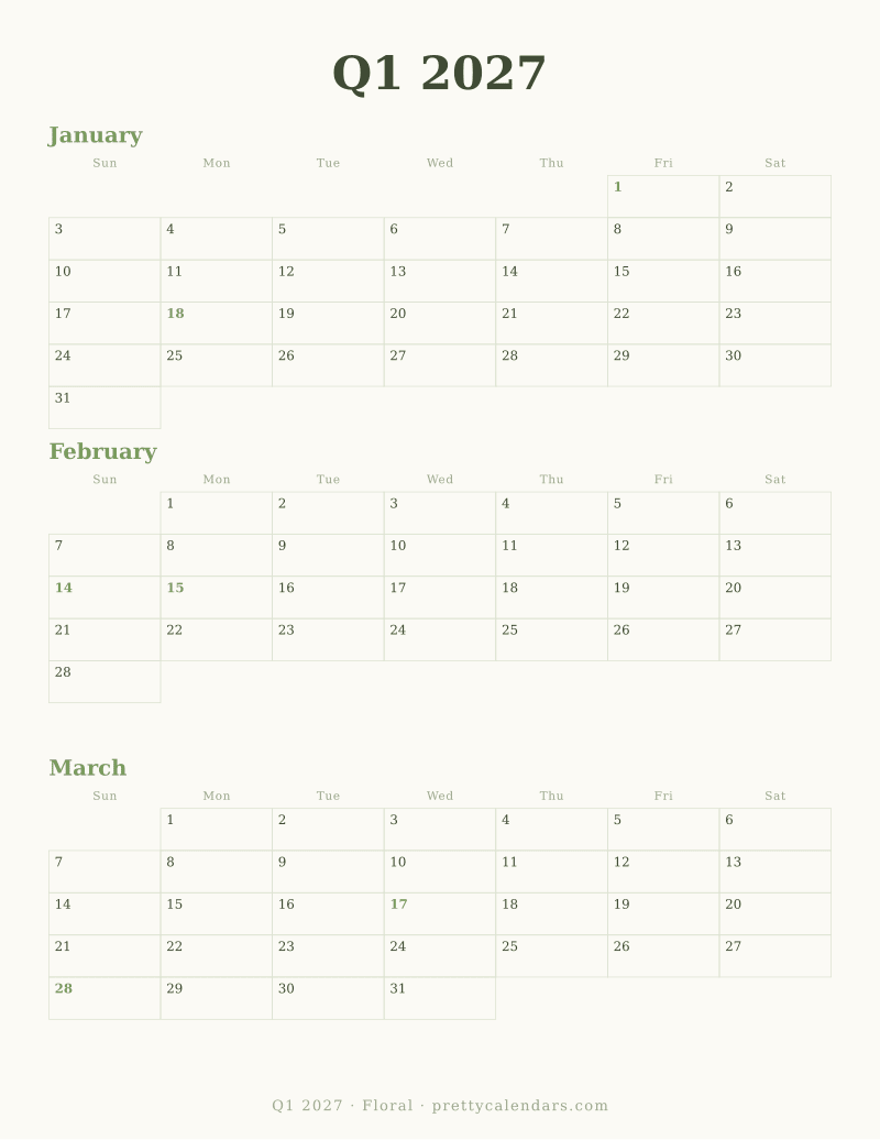 Q1 2027 three month printable calendar, Floral style
