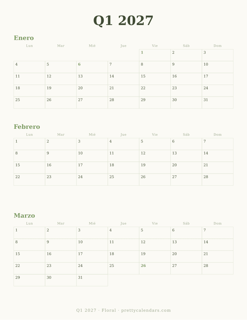 Calendario trimestral Q1 2027 para imprimir, estilo Floral