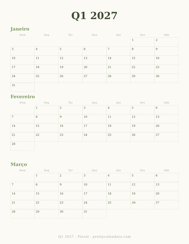 Calendário de três meses Q1 2027 para imprimir, estilo Floral