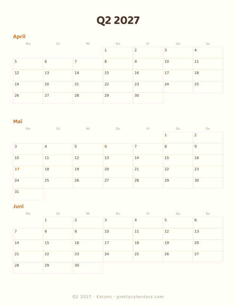 Druckbarer Dreimonatskalender Q2 2027, Design Katzen