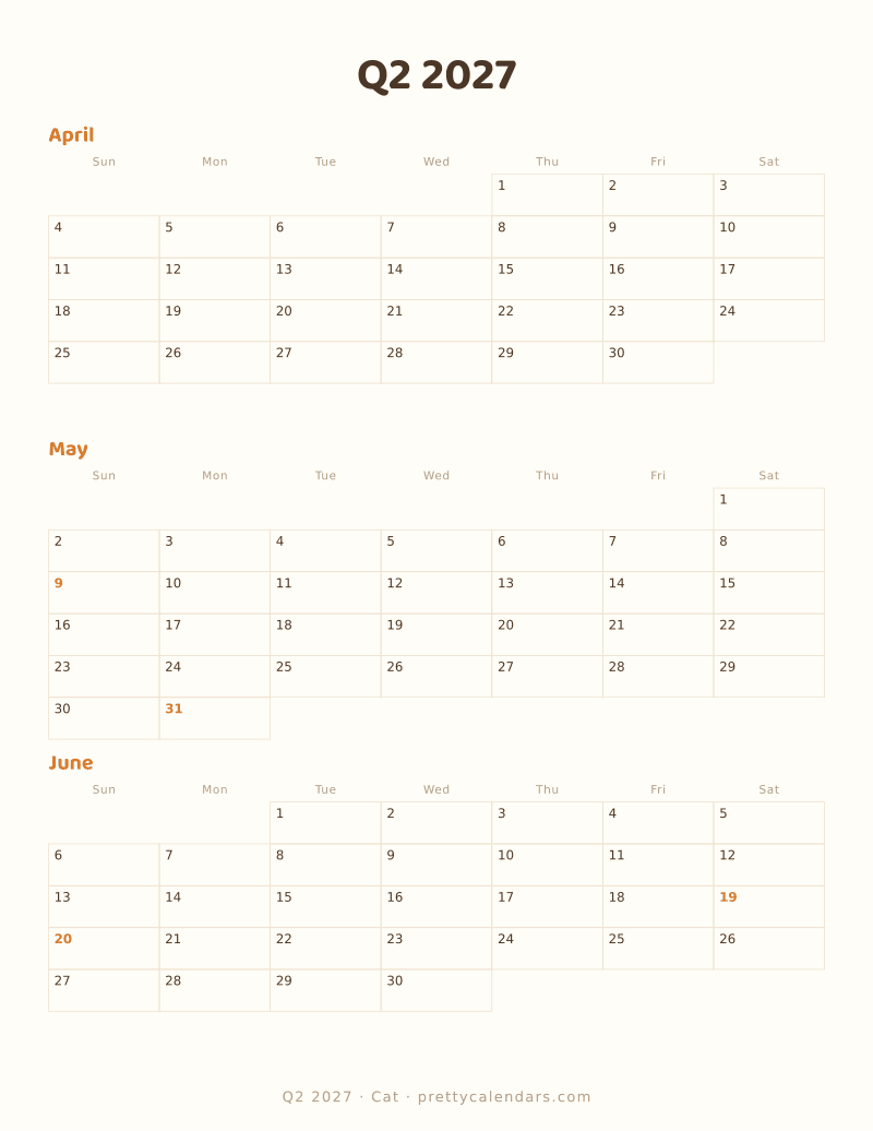 Q2 2027 three month printable calendar, Cat style