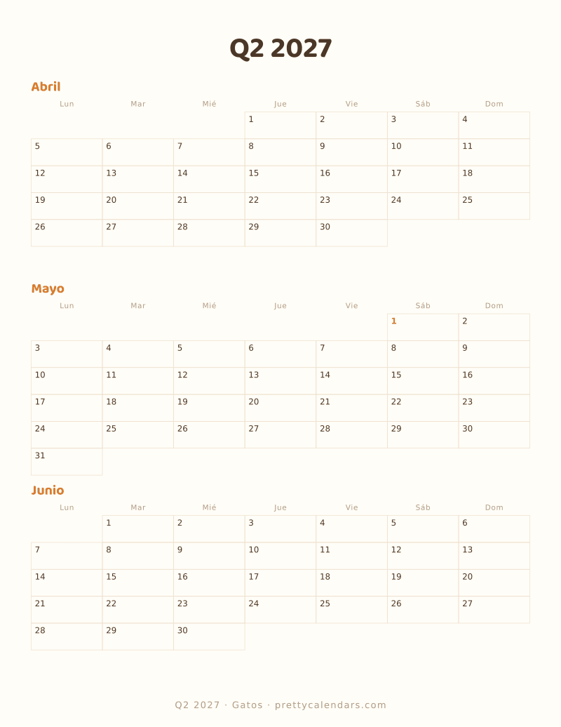 Calendario trimestral Q2 2027 para imprimir, estilo Gatos