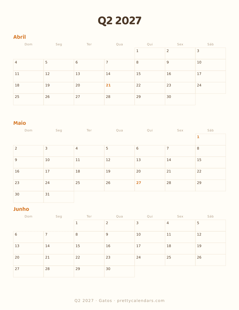 Calendário de três meses Q2 2027 para imprimir, estilo Gatos