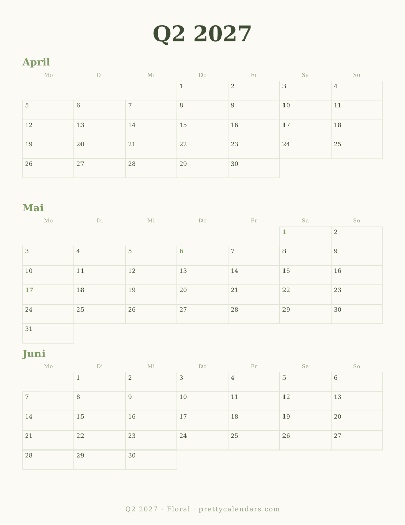 Druckbarer Dreimonatskalender Q2 2027, Design Floral