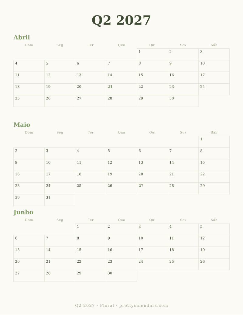Calendário de três meses Q2 2027 para imprimir, estilo Floral