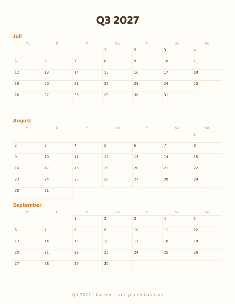 Druckbarer Dreimonatskalender Q3 2027, Design Katzen