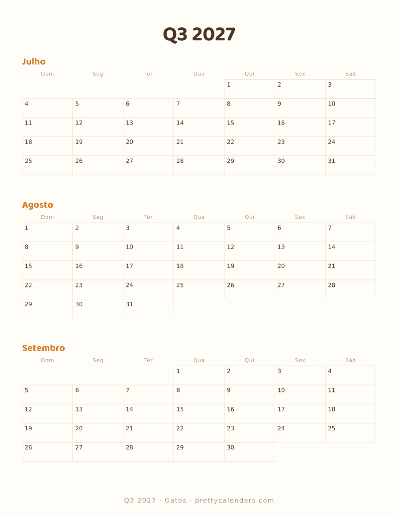 Calendário de três meses Q3 2027 para imprimir, estilo Gatos