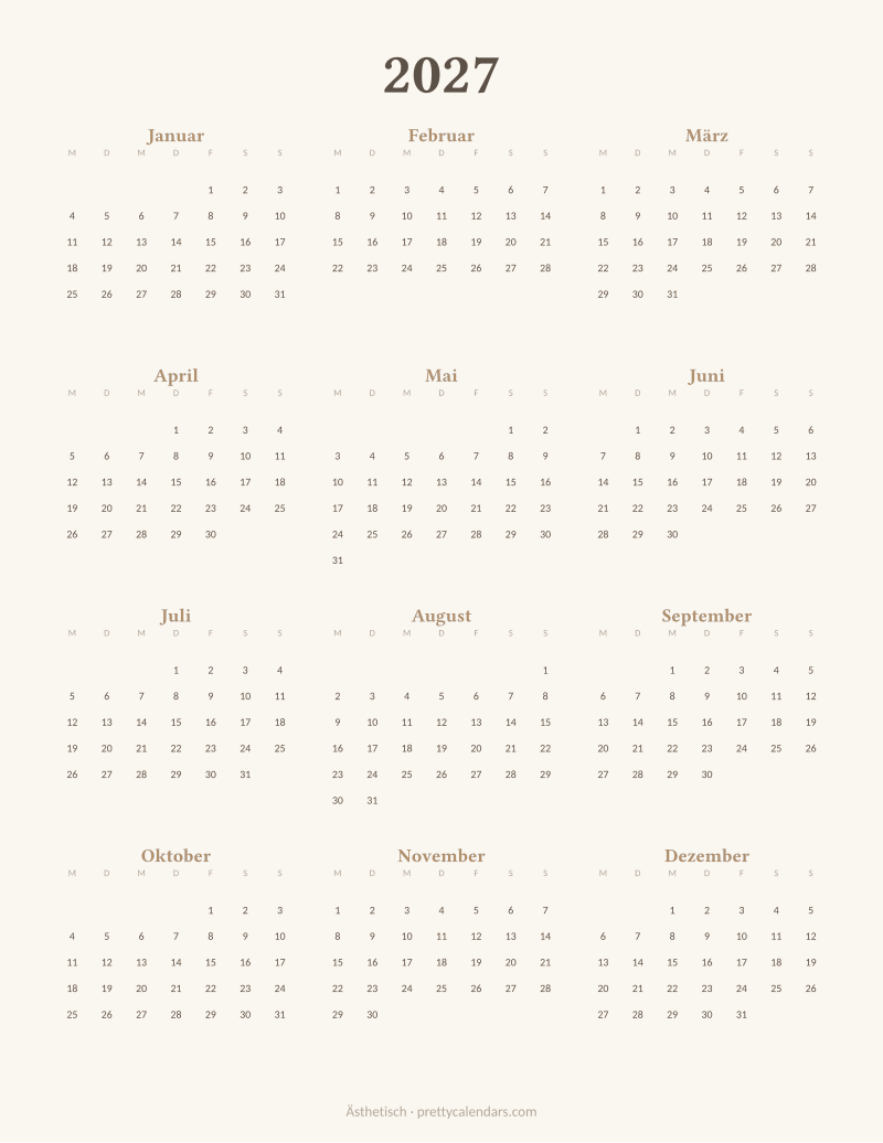 Druckbarer Jahreskalender 2027, Design Ästhetisch