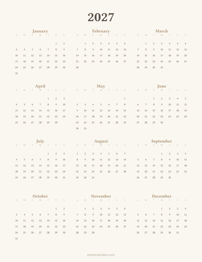 2027 full year printable calendar, Aesthetic style