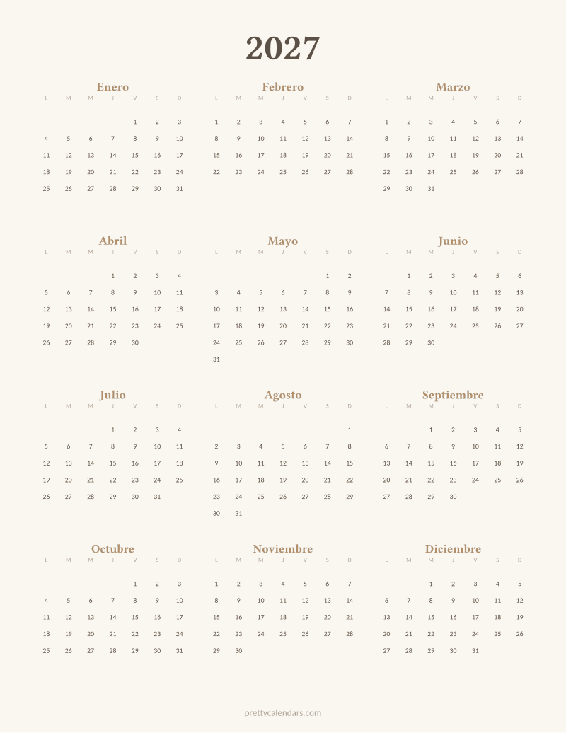 Calendario anual 2027 para imprimir, estilo Aesthetic