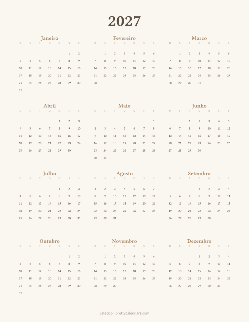 Calendário anual de 2027 para imprimir, estilo Estético