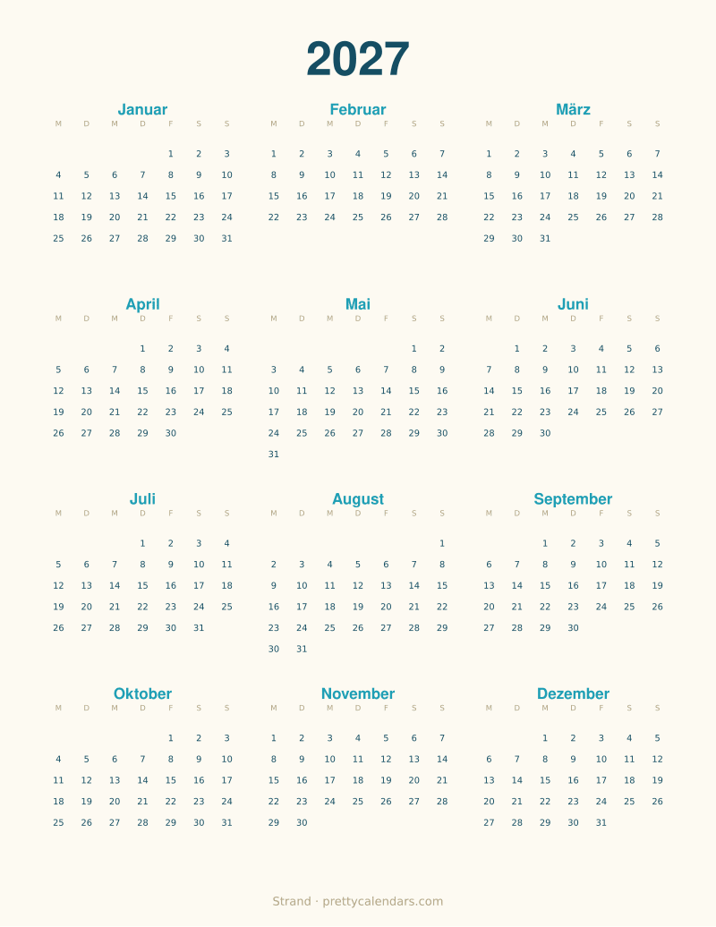 Druckbarer Jahreskalender 2027, Design Strand
