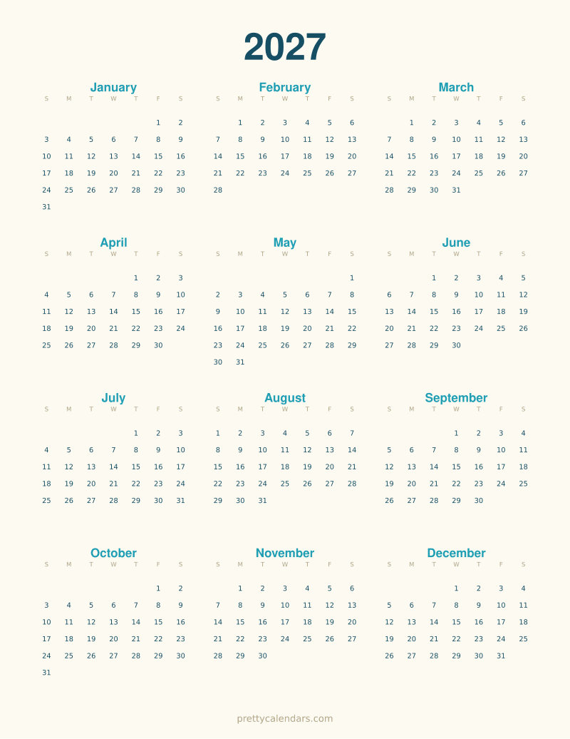 2027 full year printable calendar, Beach style
