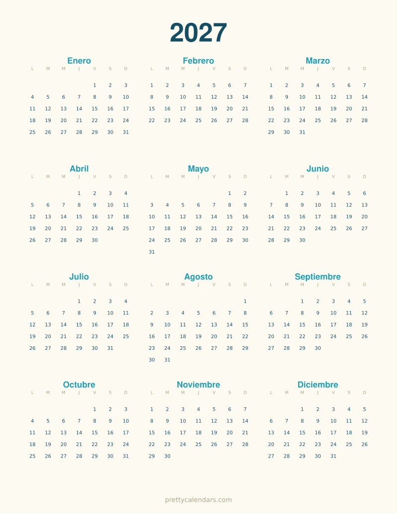 Calendario anual 2027 para imprimir, estilo Playa