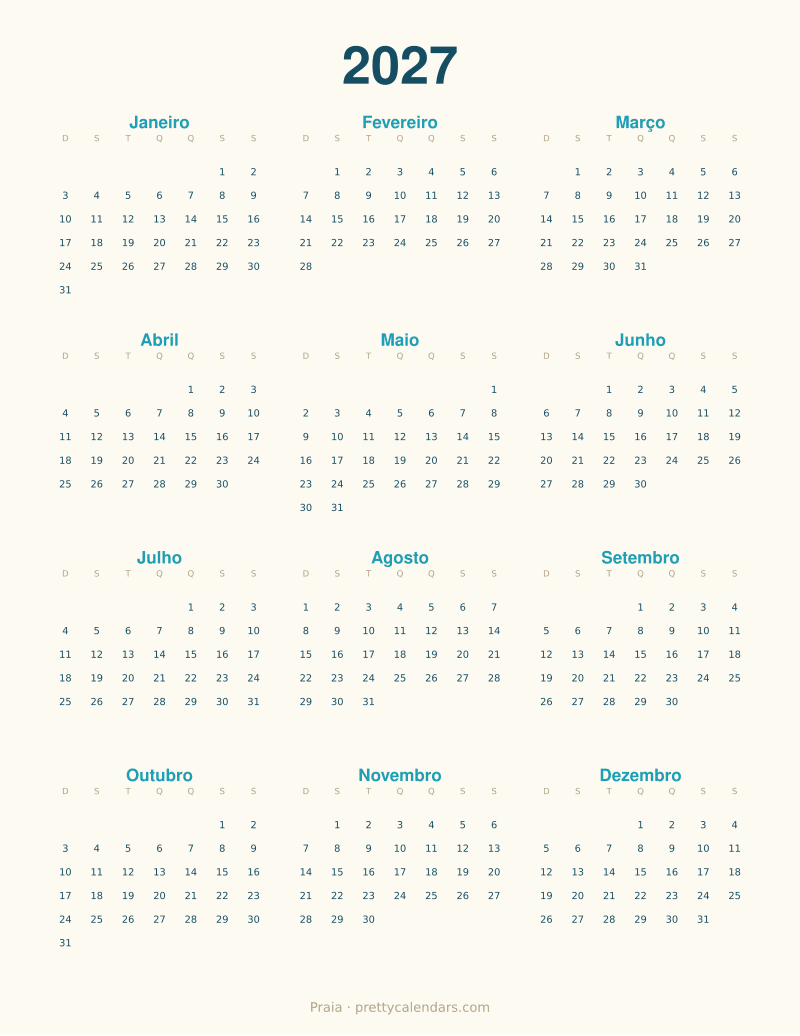 Calendário anual de 2027 para imprimir, estilo Praia
