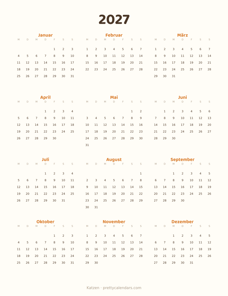 Druckbarer Jahreskalender 2027, Design Katzen