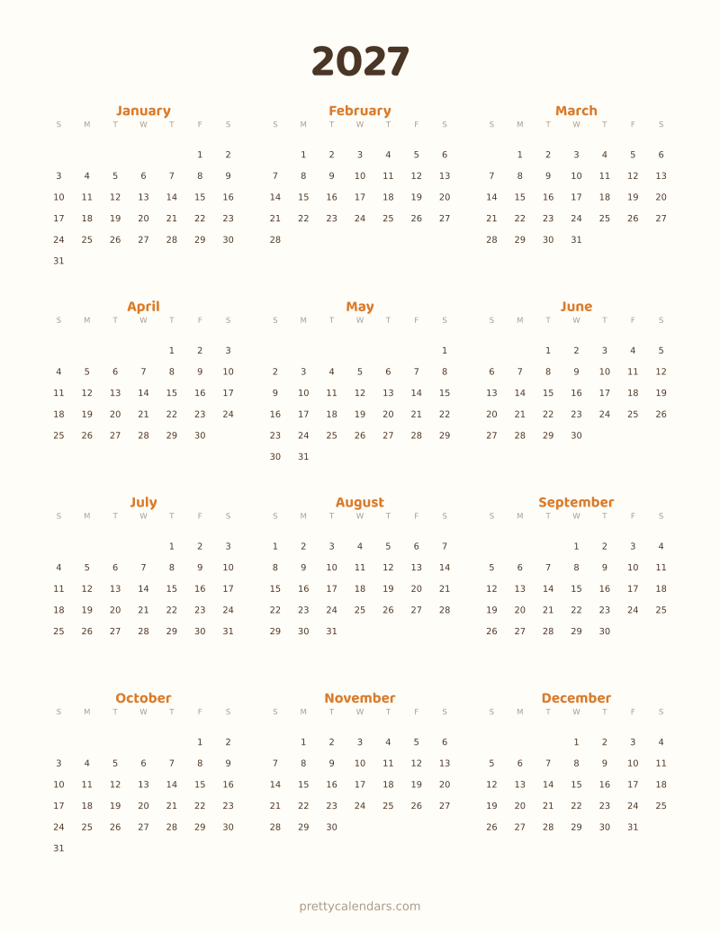 2027 full year printable calendar, Cat style