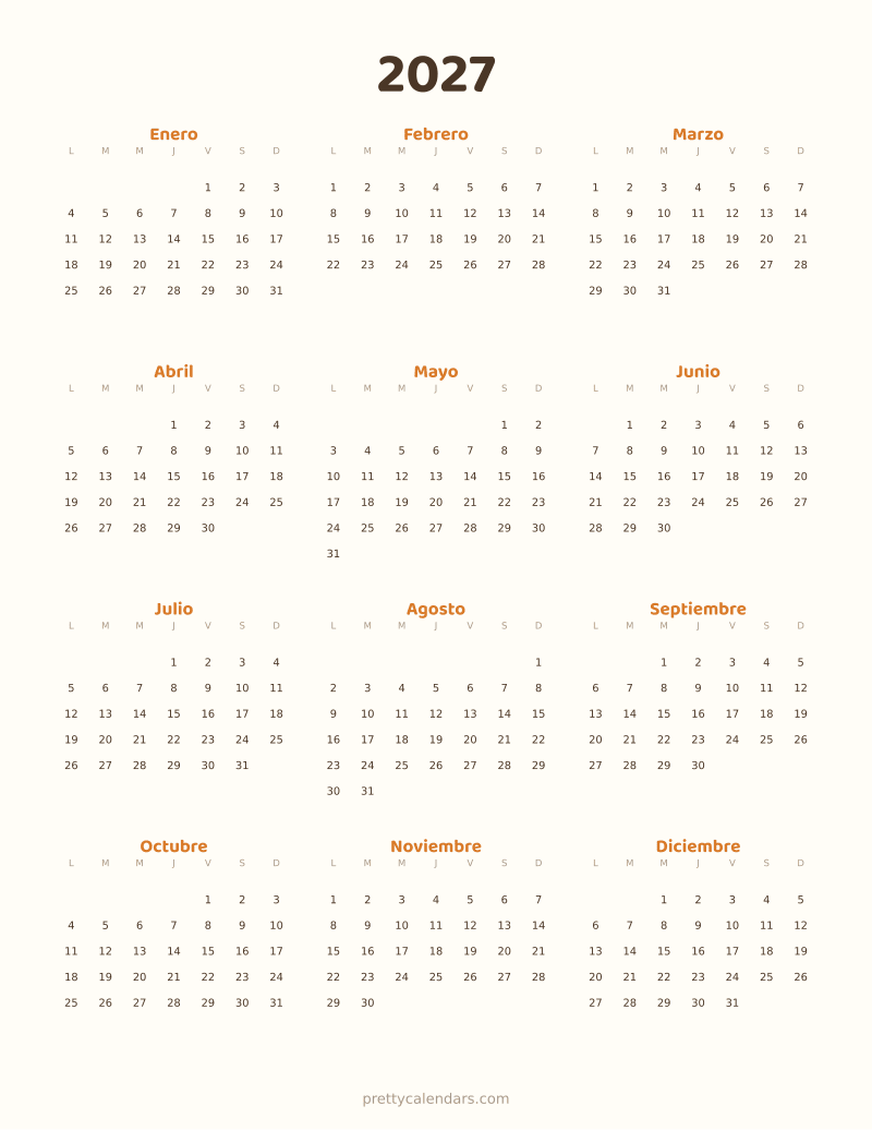 Calendario anual 2027 para imprimir, estilo Gatos