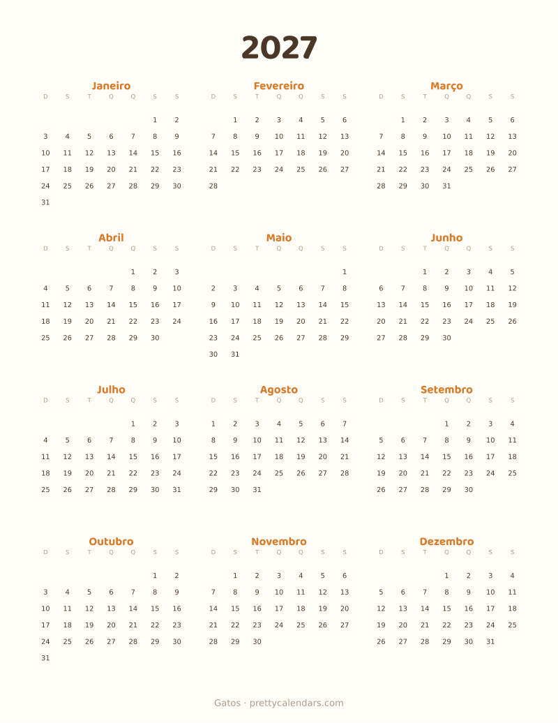 Calendário anual de 2027 para imprimir, estilo Gatos