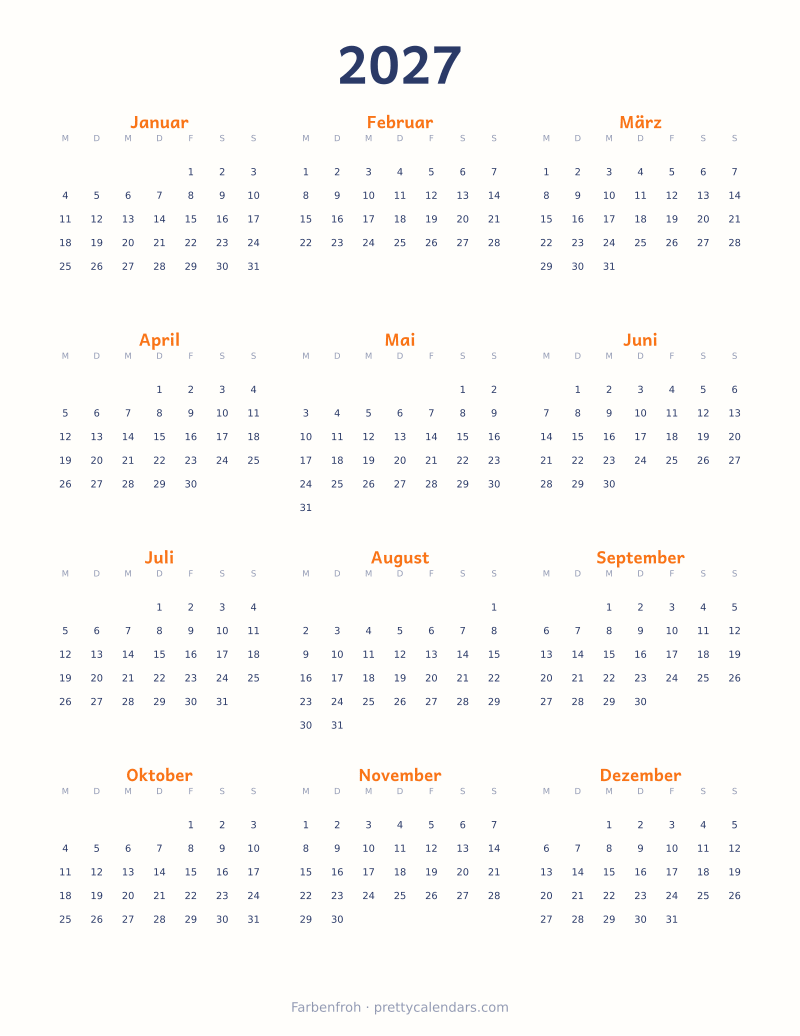Druckbarer Jahreskalender 2027, Design Farbenfroh