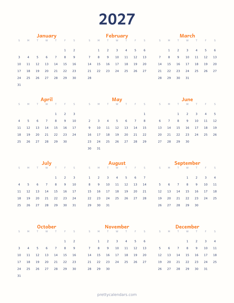 2027 full year printable calendar, Colorful style