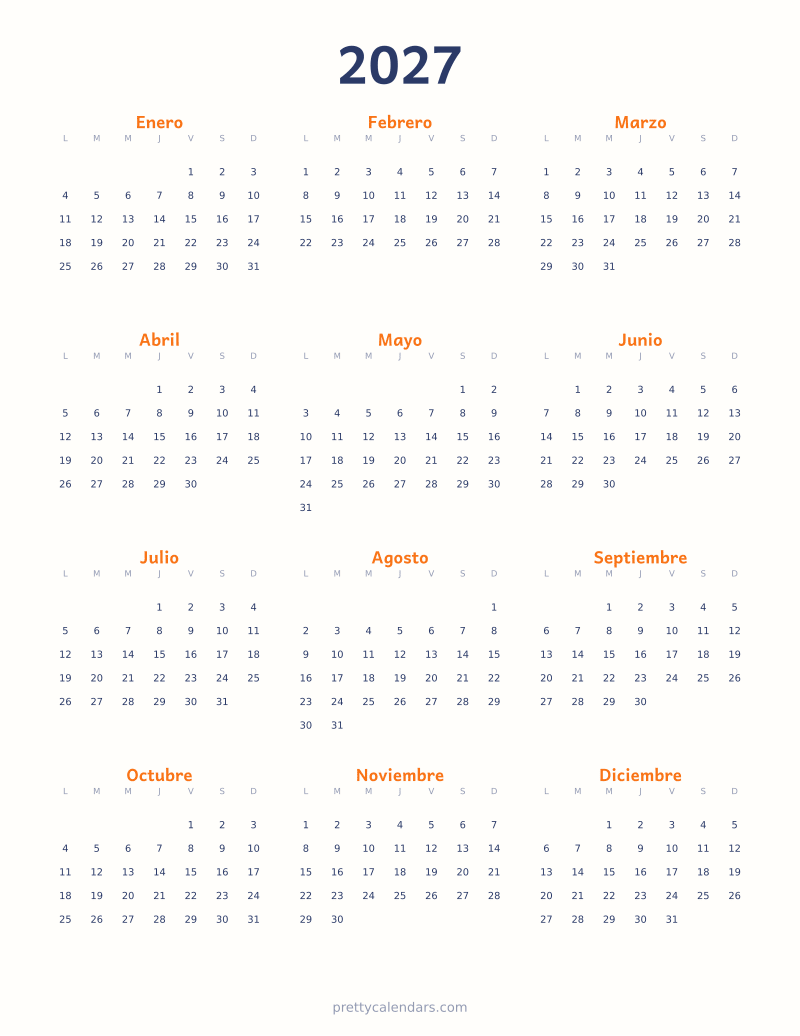Calendario anual 2027 para imprimir, estilo Colorido