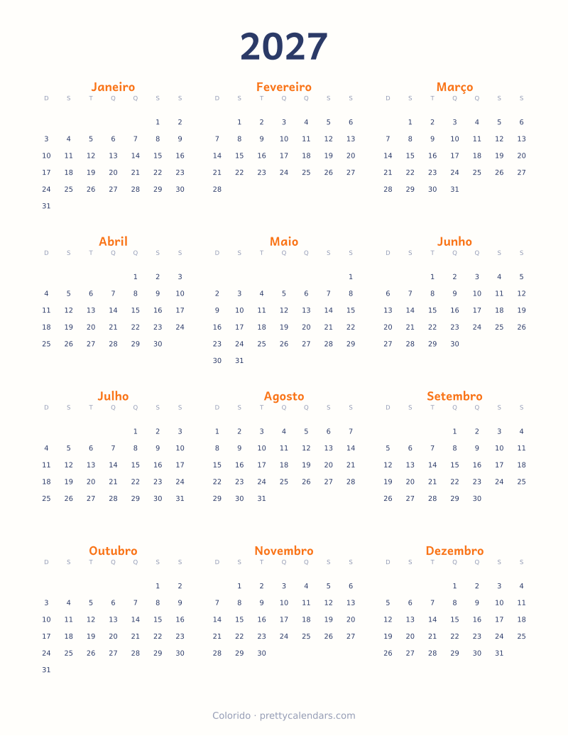Calendário anual de 2027 para imprimir, estilo Colorido