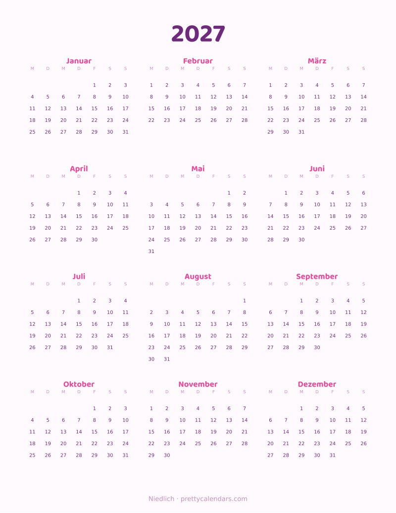 Druckbarer Jahreskalender 2027, Design Niedlich