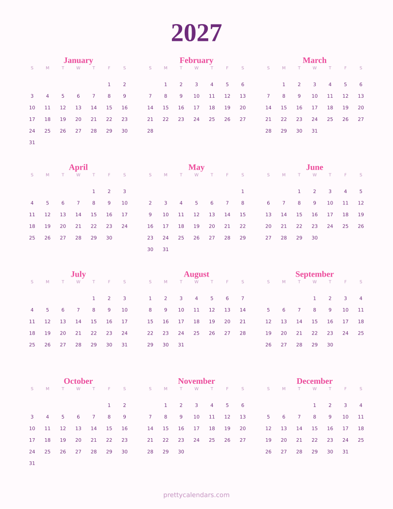 2027 full year printable calendar, Cute style