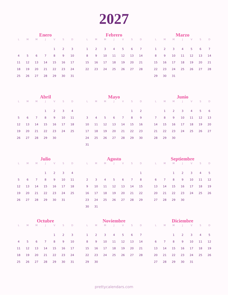 Calendario anual 2027 para imprimir, estilo Bonito