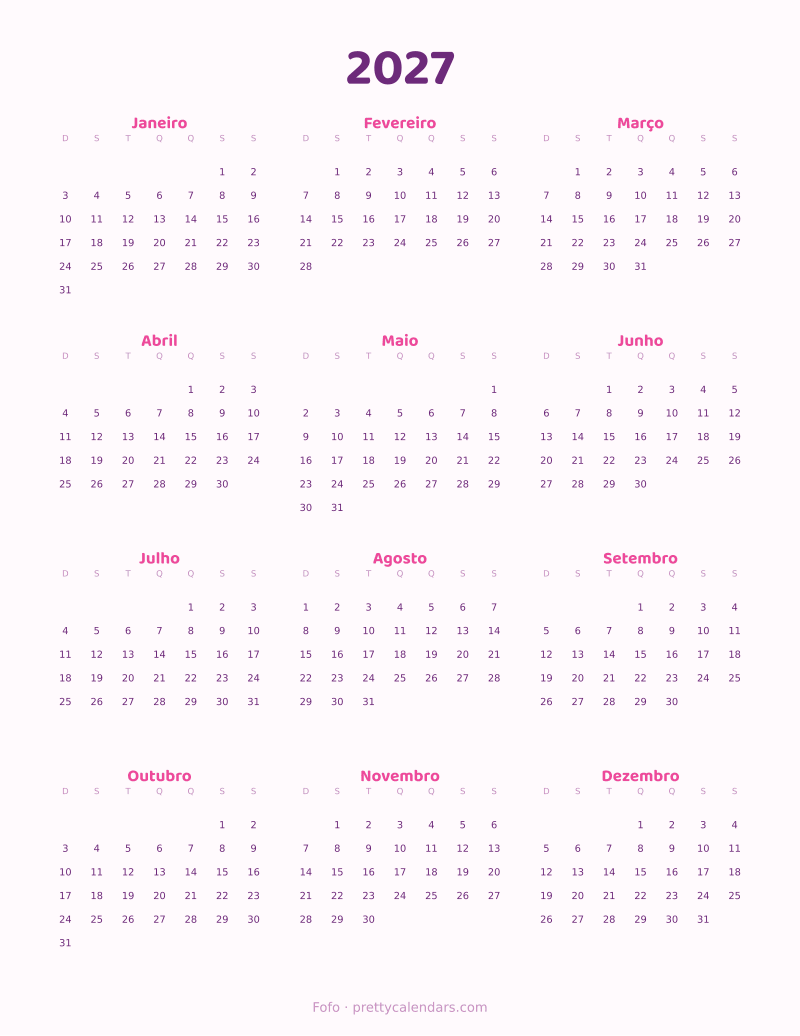Calendário anual de 2027 para imprimir, estilo Fofo