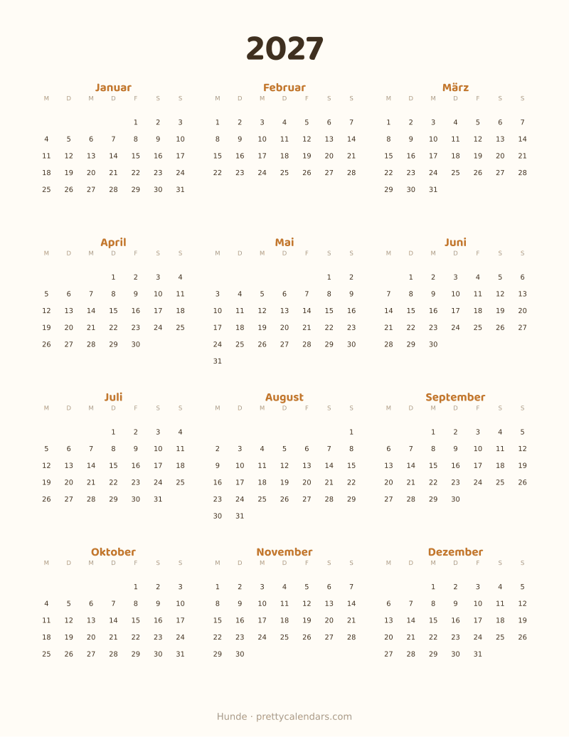 Druckbarer Jahreskalender 2027, Design Hunde