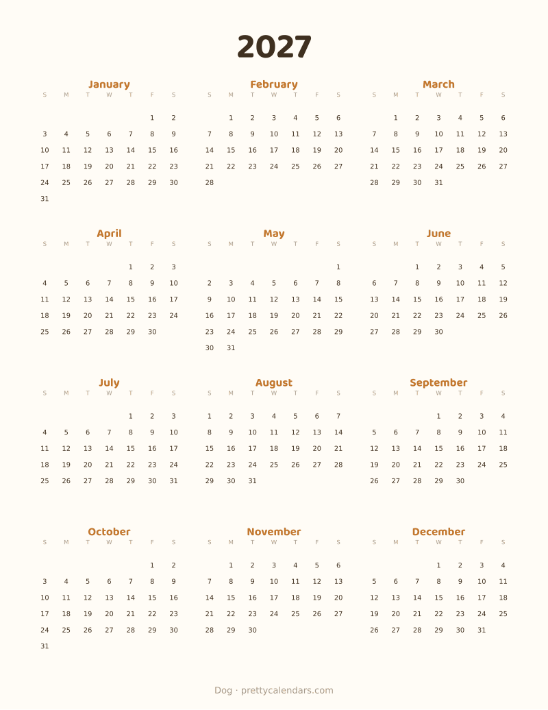 2027 full year printable calendar, Dog style