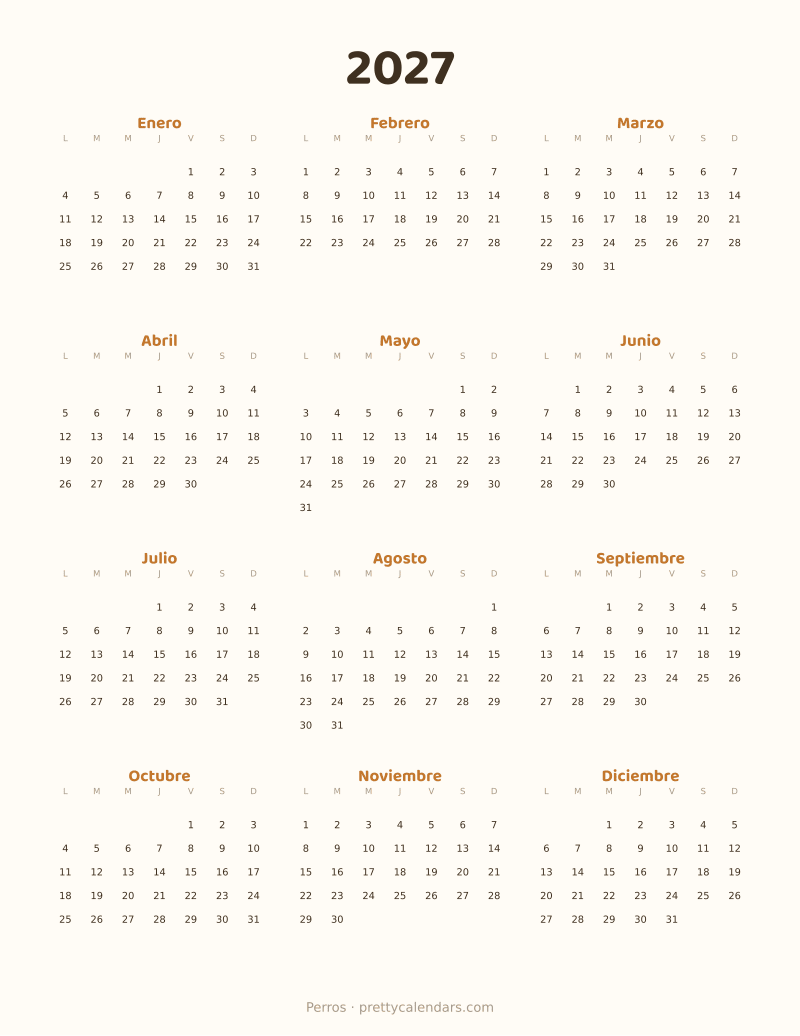 Calendario anual 2027 para imprimir, estilo Perros
