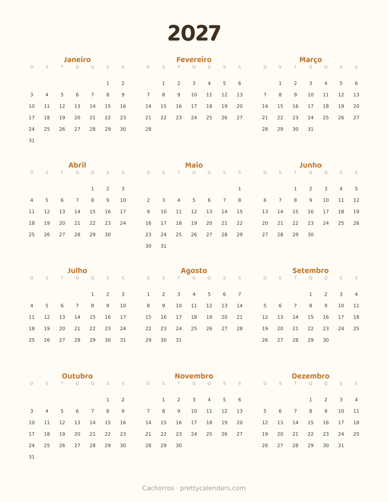 Calendário anual de 2027 para imprimir, estilo Cachorros