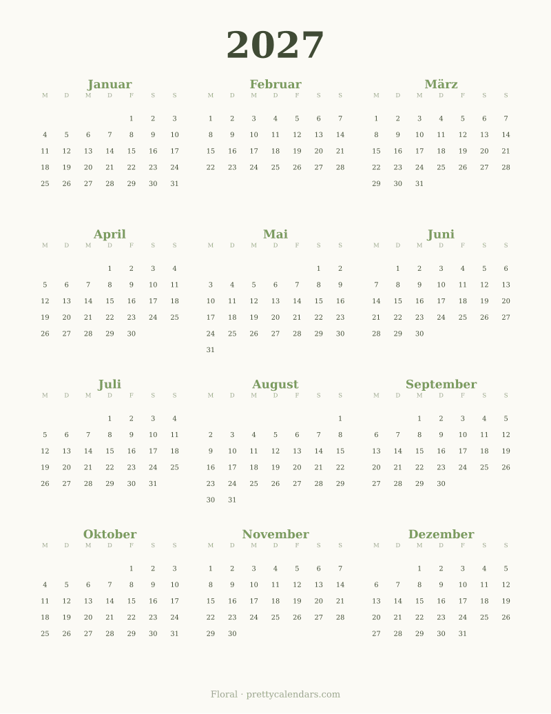 Druckbarer Jahreskalender 2027, Design Floral