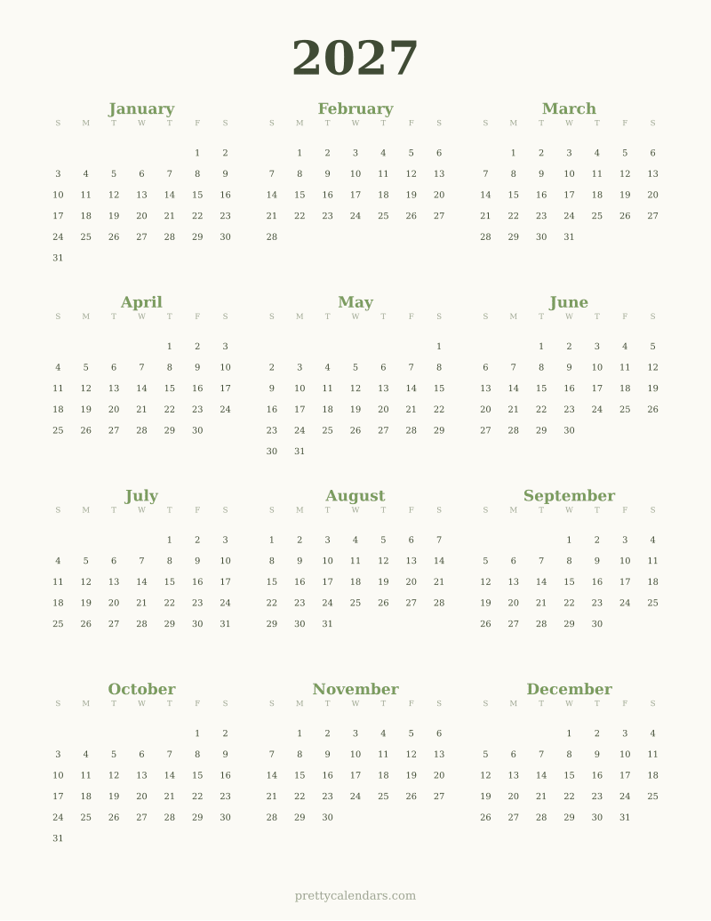 2027 full year printable calendar, Floral style
